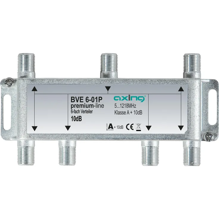 Axing BVE 6-01P 6-fach Verteiler Kabelfernsehen CATV Multimedia DVB-T2 Klasse A+, 10dB, 5-1218 MHz metall