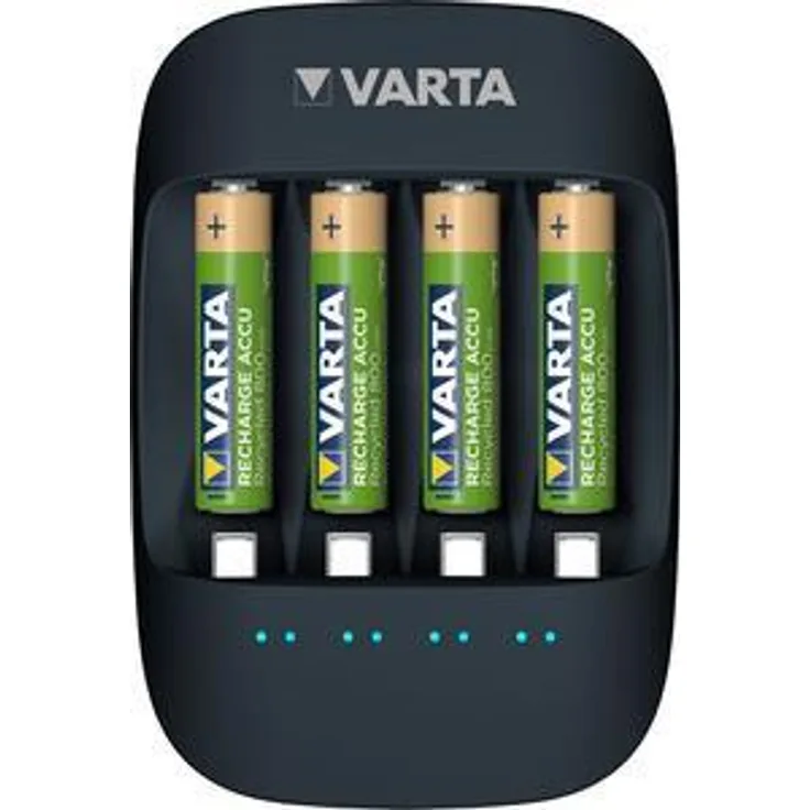 Varta Eco Charger (geeignet für 4 AA-AAA Akkus, Gehäuse aus 50% Bioplastik mit Einzelschacht- und Erhaltungsladung, inkl. 4x AAA 800 mAh Recharge Accu Recycled, Verpackung aus 90% recyceltem Material)