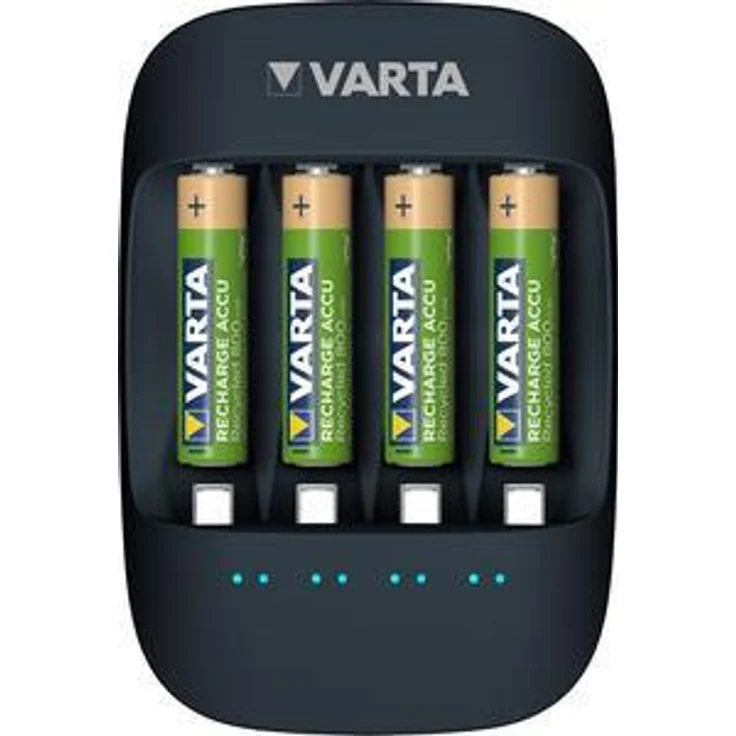 Varta Eco Charger (geeignet für 4 AA-AAA Akkus, Gehäuse aus 50% Bioplastik mit Einzelschacht- und Erhaltungsladung, inkl. 4x AAA 800 mAh Recharge Accu Recycled, Verpackung aus 90% recyceltem Material) – Bild 1