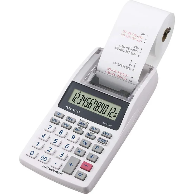 Sharp Druckender Mini-Tischrechner EL-1611V (12-stellige LCD-Anzeige, schwarz rote Druckfarben) grau