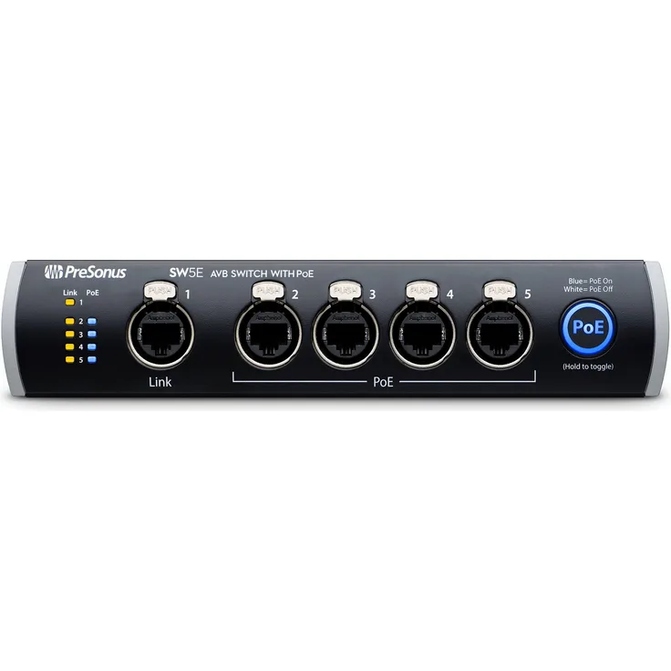 PreSonus SW5E AVB Switch (praktischer AVB Switch mit PoE, fünf AVB-Ports & verriegelbaren XLR-Ethercon-Buchsen, ideal zur Verbindung digitaler Geräte)