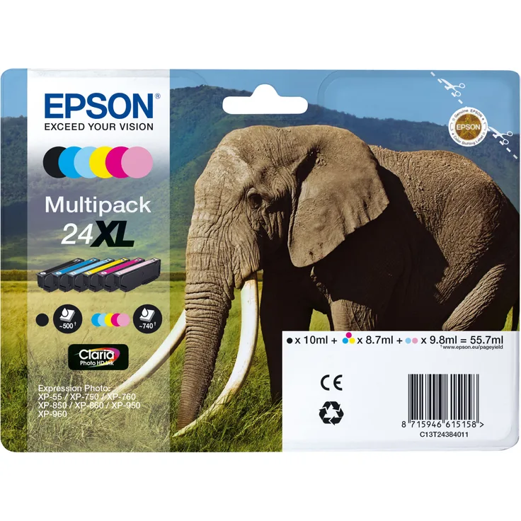 Epson Original 24XL Tinte Elefant (XP-750 XP-850 XP-950 XP-55 XP-760 XP-860 XP-960 XP-970) Multipack 6-farbig