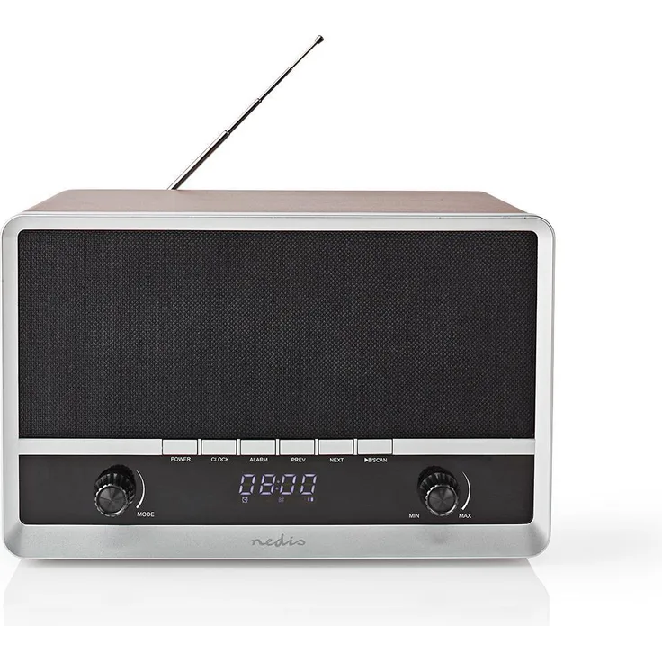 Nedis FM-Radio | Tisch Ausführumg | AM - FM | Batteriebetrien - Stromversorgung über USB | Digital | 12 W | Monitorgröße: 1.6 '' | Anzeige: BSchwarz-Blau Monitor | Bluetooth | Wecker | Braun-Schwarz