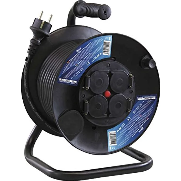 EMOS Profi-Kabeltrommel, 25m Kabel mit 4 Schuko Steckdosen, 1,5 mm2 Gummi, IP44, für Außenbereich, 25 Meter