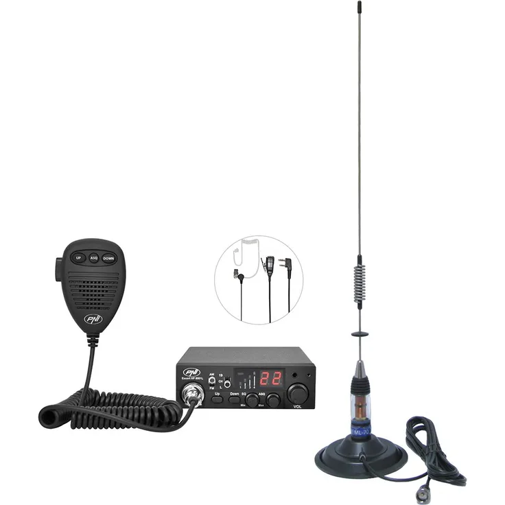 PNI CB-Funk-Kit CB Escort HP 8001L ASQ + CB-Antenne ML70, Zigarettenanzünderstecker und Kopfhörer HS81L