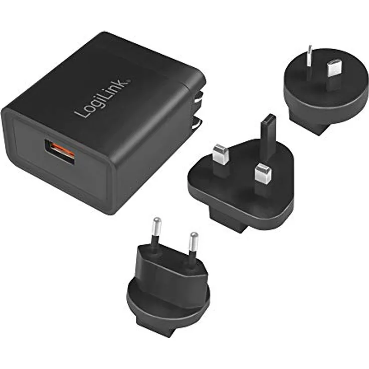 LogiLink PA0188 - USB Steckdosenreiseadapter (3A - Quick Charge 3.0, 18W) mit 3 Adaptern für mehr als 100 Länder und 4X Schutz (Überlade-, Tiefentlade-, Kurzschluss- und Überlastschutz)