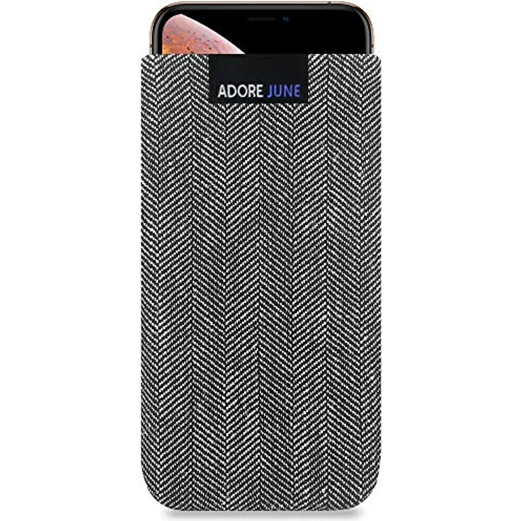 Adore June Business Tasche für Apple iPhone X und iPhone XS Handytasche aus charakteristischem Fischgrat Stoff - Grau-Schwarz | Schutztasche Zubehör mit Display Reinigungs-Effekt | Made in Europe