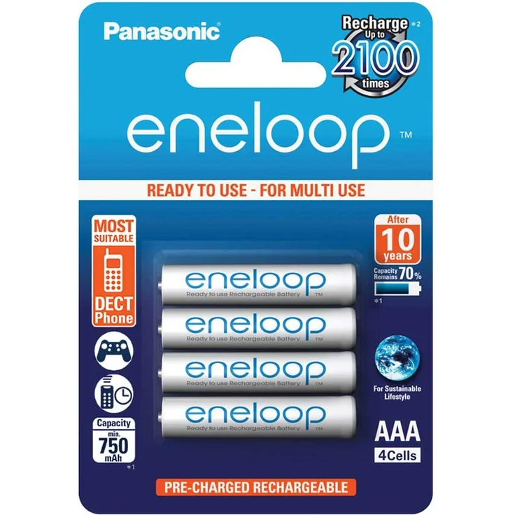 Panasonic eneloop, Ready-to-Use Ni-MH Akku, AAA Micro, 4er Pack, min. 750 mAh, 2100 Ladezyklen, starke Leistung und geringe Selbstentladung, wiederaufladbare Akku Batterie – Bild 1
