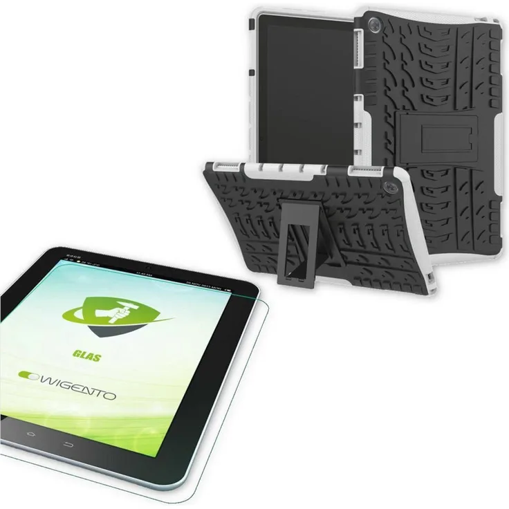 Wigento Tablet-Hülle »Für Huawei MediaPad M5 Lite 10.1 Zoll Hybrid Outdoor Schutzhülle Weiß Tasche + 0.4 H9 Schutzglas«