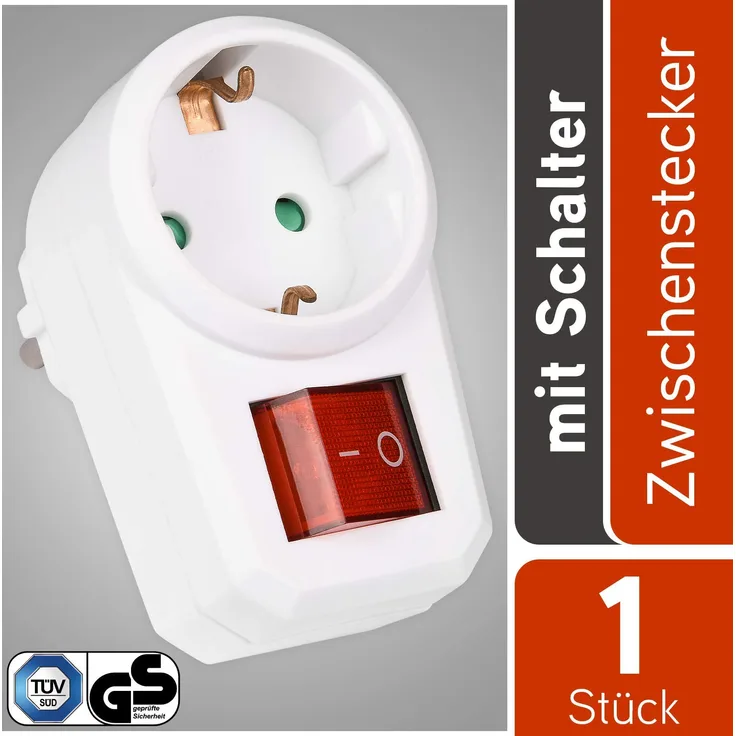 HEITECH 1 fach Steckdosenadapter mit Kindersicherung - GS & geprüfter Zwischenstecker mit Schalter - Adapterstecker