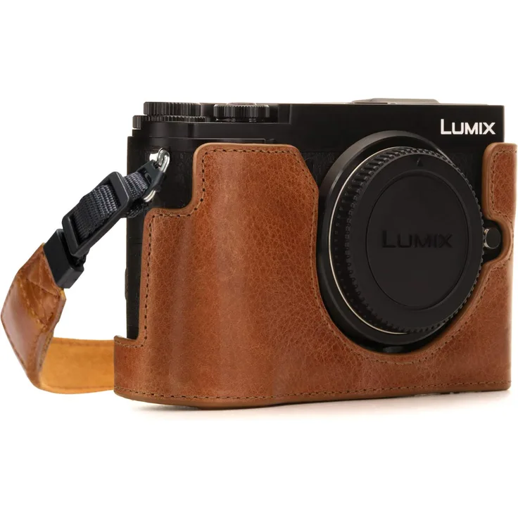 MegaGear MG1443 Panasonic Lumix DC-GX9 Ever Ready Echtleder Kamera-Halbtasche mit Trageriemen - Hellbraun