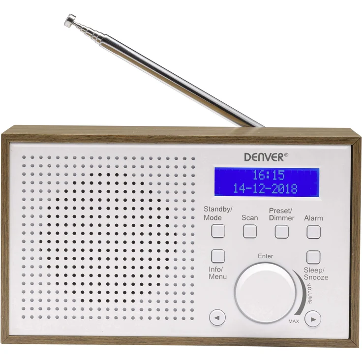 Digitalradio DAB + und FM DENVER DAB-46 Weiß Uhr und Wecker. Funktioniert mit Akku und Strom. Audioausgang 2 W. Holz-Finish – Bild 1
