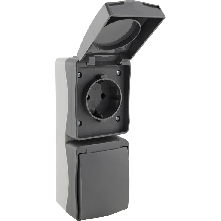 NUQUI Feuchtraum Doppel-Steckdose verti. IP54, Aufputz, 250V~- 16A