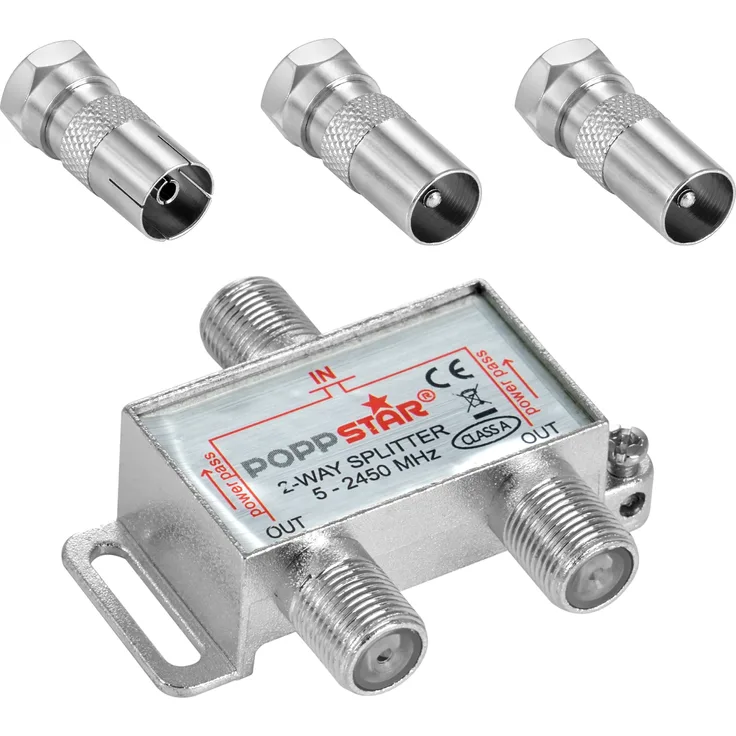 Poppstar Sat-Verteiler 2-fach (analog / digital-tauglich), 100dB, 5-2450 MHz, inkl. IEC Adapter