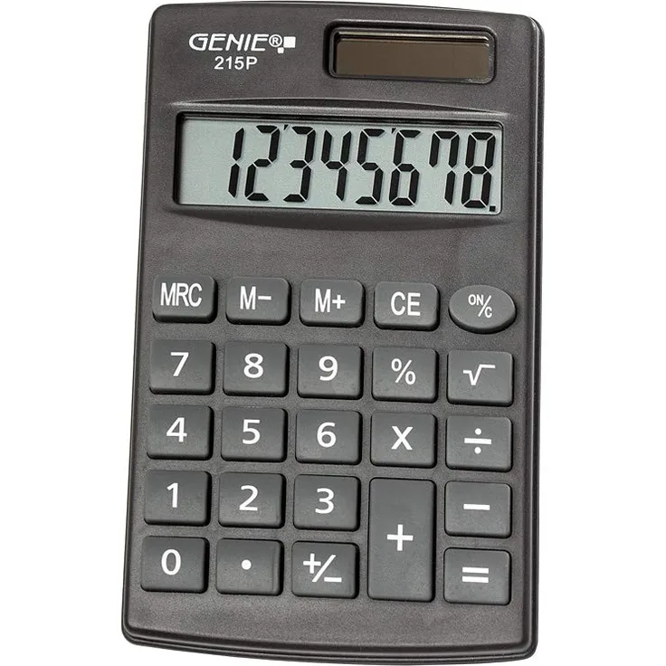 Genie 215 P8-stelliger Taschenrechner, Dual-Power (Solar und Batterie), kompaktes Design, grau