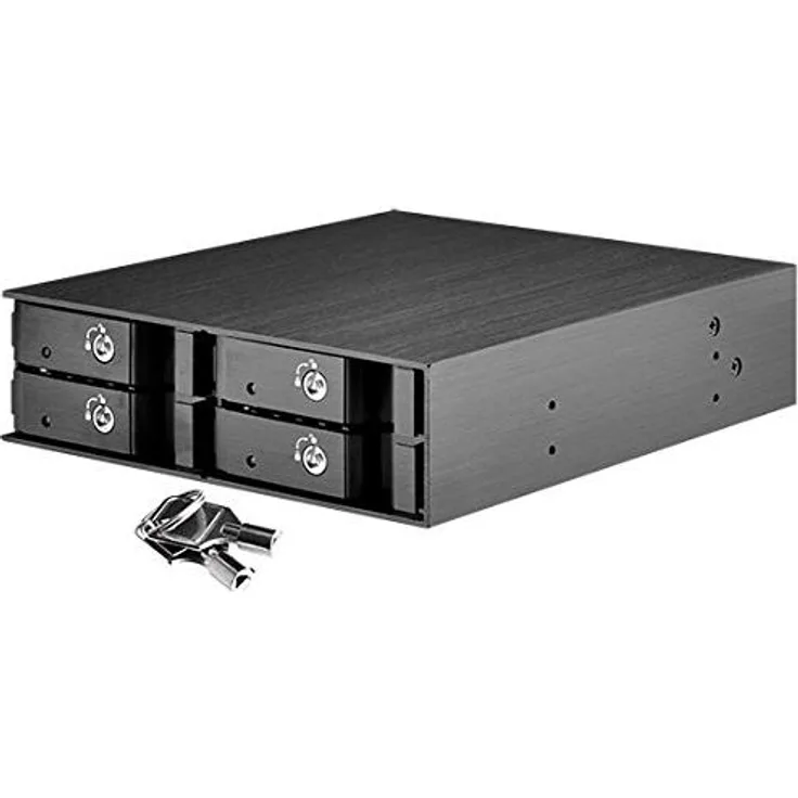 SilverStone SST-FS204B - trägerloser 5,25'' Aluminium Hot Swap Festplatten-Wechselrahmen für 4 x 2,5'' SAS-SATA-HDDs oder SSDs mit Metallschloss an jeder Einschubtür, Statusanzeige-LEDs und 2 x 40 mm-Lüftern, schwarz