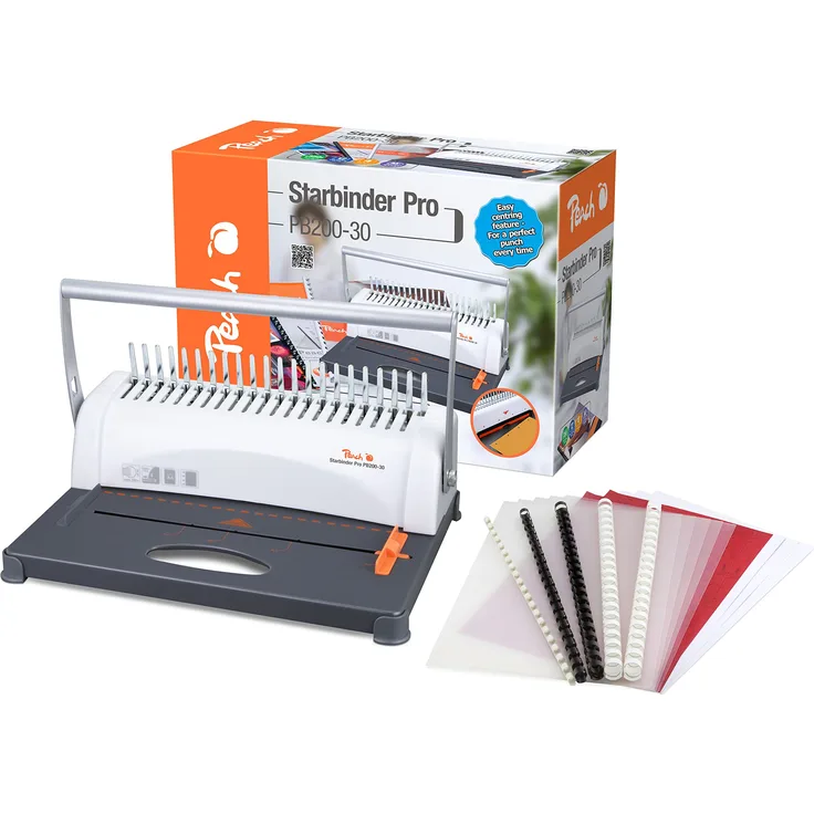 Peach PB200-30 Plastikbindegerät | Star Binder Pro - DIN-A4 | Preis--Leistungs-Sieger | bindet 350 Blatt | max. 38 mm Binderücken | 12 Blatt Stanzkapazität | inkl. 15-teiligem Starterset