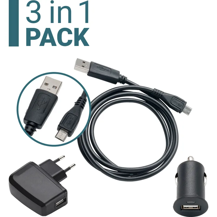 Slabo 3in1Lade-SET für Wiko Harry 2 | Wiko View 2 Go | Wiko View 2 Plus | Wiko View4 | Wiko View4 Lite Starter Set Datenkabel Micro USB / KFZ Mini Lade Adapter / slim USB Netzadadapter - SCHWARZ | BLACK