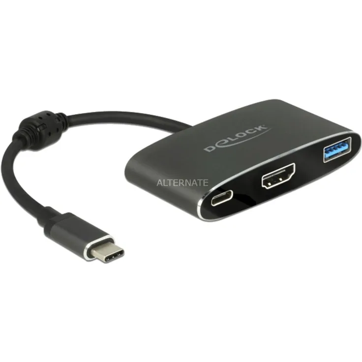 Delock Adapter USB Type-C zu HDMI, USB Type-A und USB Type-C zum Laden, Grau, 62991
