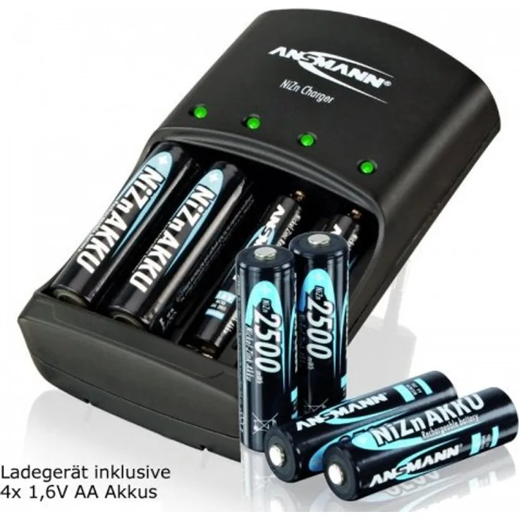Ansmann Schnell-Ladegerät für NiZn 1,6 Volt Akku mit 4x 2500mWh Mignon AA