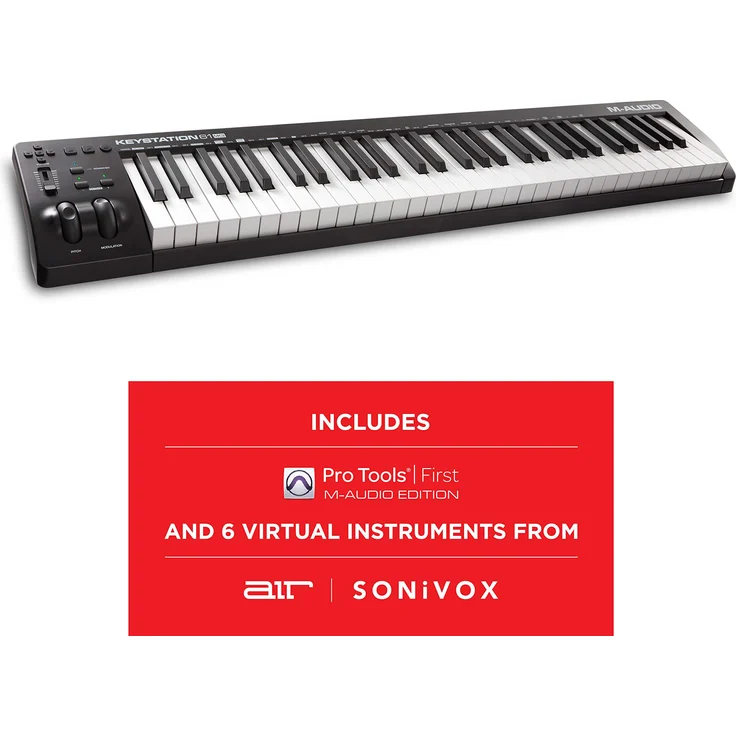 M-Audio Keystation 61 MKIII - Kompakter 61-Tasten MIDI Keyboard Controller mit zuweisbaren Reglern, Pitch- Modulation Rädern, Plug-And-Play (Mac-PC) Konnektivität und Software Production Suite – Bild 1