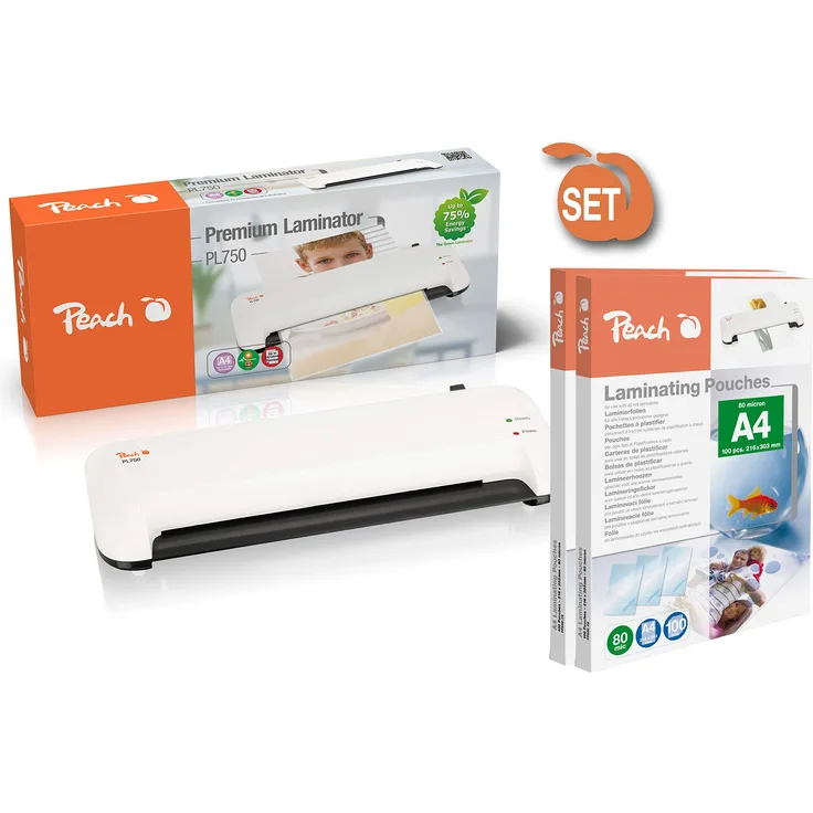 Peach Vorteils-Set PL750 Laminiergerät DIN-A4 & Starterpaket Laminierfolien 200 Stück