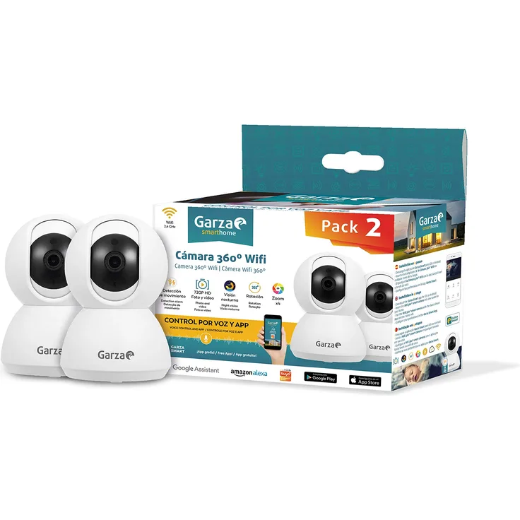 Garza Smarthome Intelligente 360 WiFi Kamera für Sicherheit, HD 720p, Nachtsicht und Zoom, Sprachsteuerung und App, Alexa, iOS, Google, Android