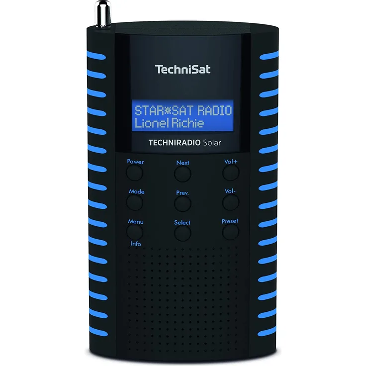 TechniSat TechniRadio Solar Tragbares Radio mit Wecker, LCD-Display, spritzwassergeschützt, schwarz, blau