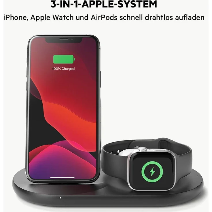 Belkin drahtloses 3-in-1 Ladegerät, kabellose 7,5-W-Ladestation, geeignet für Apple iPhone/Watch/AirPods, kabelloses Ladedock, drahtlose iPhone Ladestation, Apple Watch Ladeständer, Kombi-Ladegerät, Qi Ladestation, schwarz – Bild 4