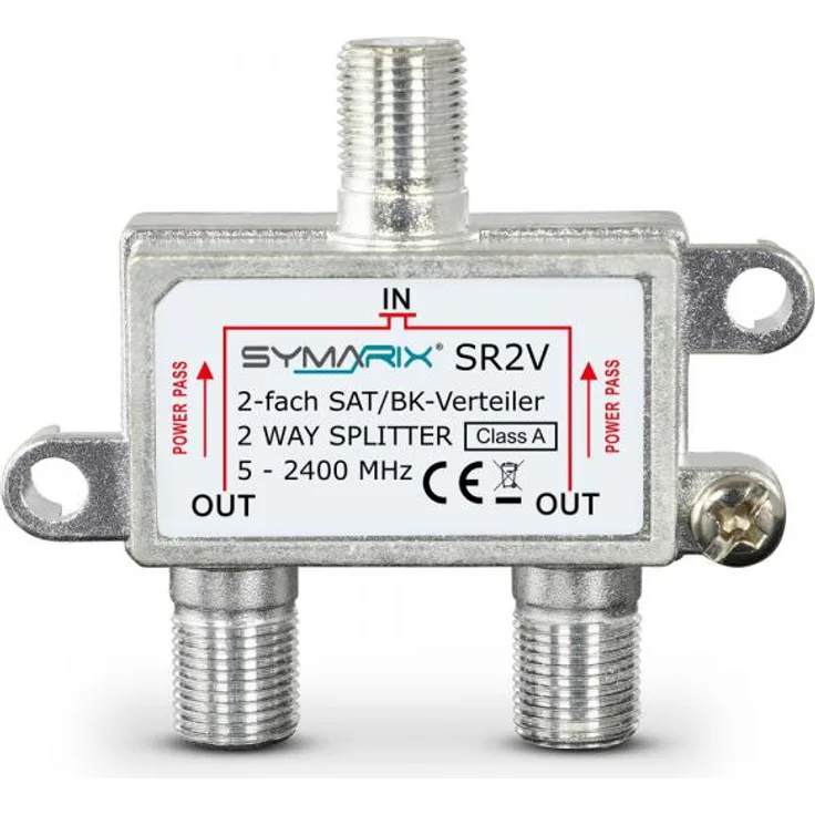 SYMARIX SAT & BK-Verteiler - 2-Fach Splitter - voll geschirmt - Unicable & UHD tauglich SYMARIX SR2V - für Satelliten-Anlagen DVB-S2 - BK - UKW Radio - DC-Durchlass - TV Antennen Fernseh Verteiler