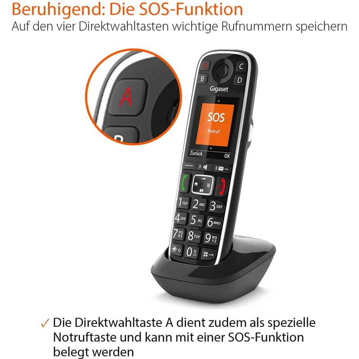 Gigaset E720HX elegantes IP-/Seniorentelefon zum Anschluss an Basisstationen oder Router (DECT Telefon mit Rufnummeransage, Bluetooth, SOS Funktion, einfacher Bedienung), VoIP-Telefon, schwarz – Bild 4