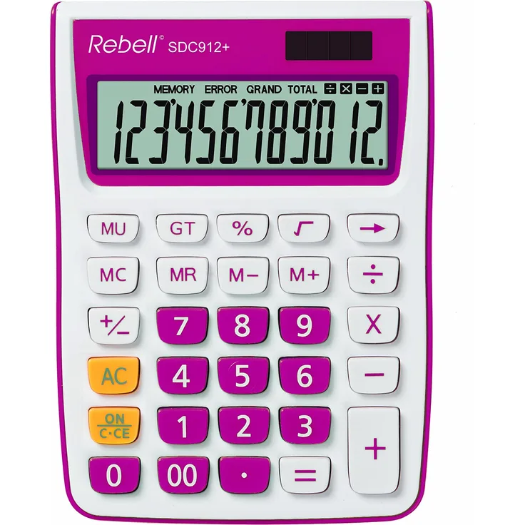 Rebell RE-SDC912PK Tischrechner SDC912, 12-stelliger Tischrechner für Büro und Zuhause, Dualbetrieb, pink