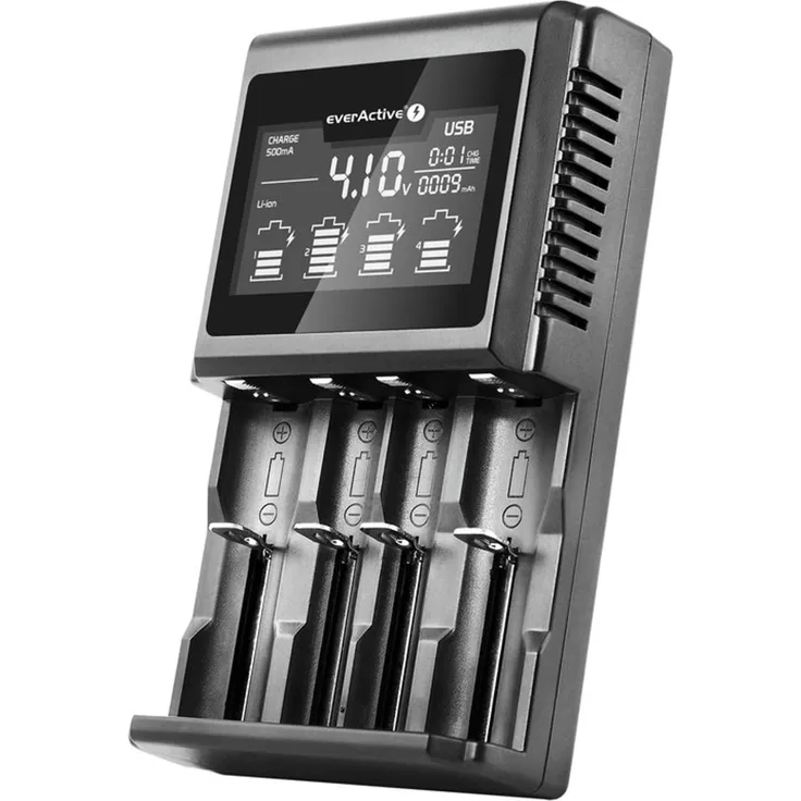everActive Ladegerät für 4 Akkus 18650 AAA AA C D, professionell und schnell, große LCD-Anzeige, Kapazitätstest, Modell: UC-4000