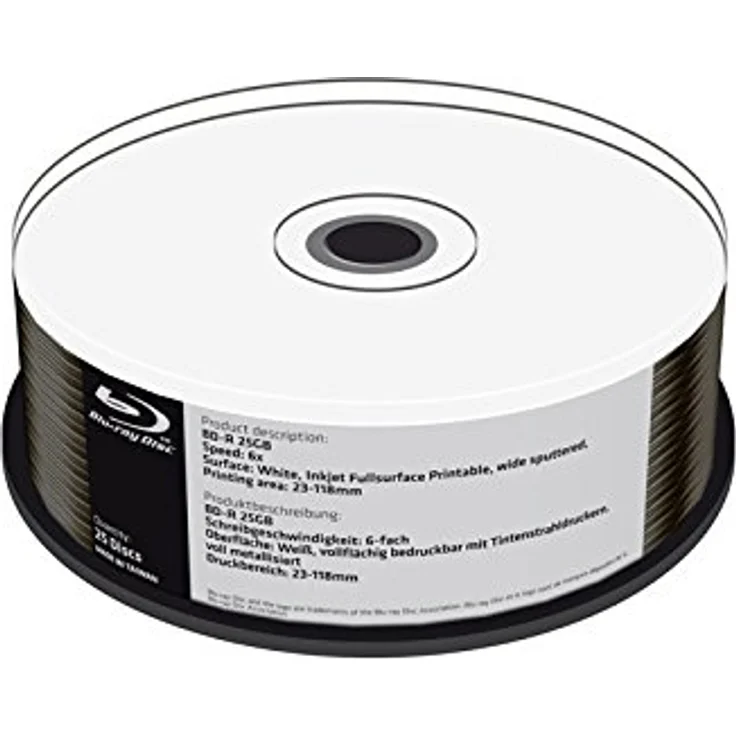 MediaRange BD-R 25GB 6-fache Schreibgeschwindigkeit, vollflächig bedruckbar (Tintenstrahldrucker), voll Metallisiert, 25er Cakebox – Bild 1