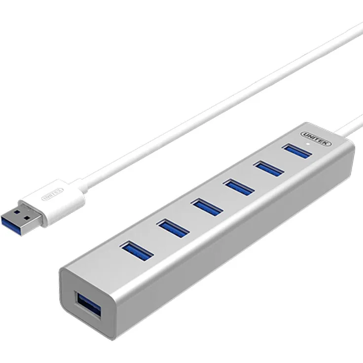 UNITEK Aluminium Aktiv USB Hub 7 Port 3.0 + Stromversorgung, SuperSpeed Datenhub Multiport Verteiler für PC, Laptop, Tastatur, Mouse, Drucker, iOS (Mac) + Windows Kompatibilität, Plug&Play