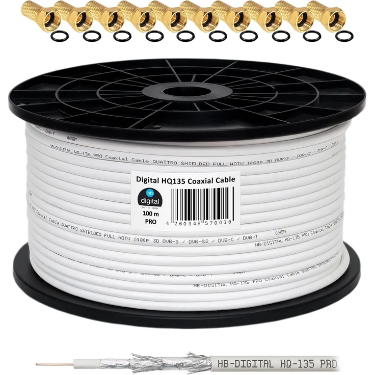 135dB 100m Koaxial SAT Kabel HQ-135 PRO 4-fach geschirmt für DVB-S / S2 DVB-C und DVB-T BK Anlagen + 10 vergoldete F-Stecker SET Gratis dazu