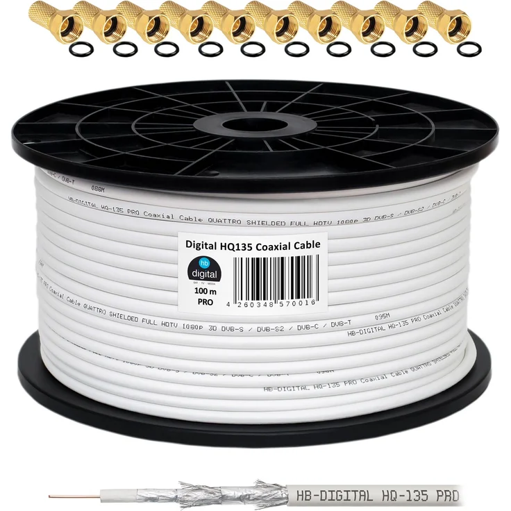 135dB 100m Koaxial SAT Kabel HQ-135 PRO 4-fach geschirmt für DVB-S / S2 DVB-C und DVB-T BK Anlagen + 10 vergoldete F-Stecker SET Gratis dazu – Bild 1