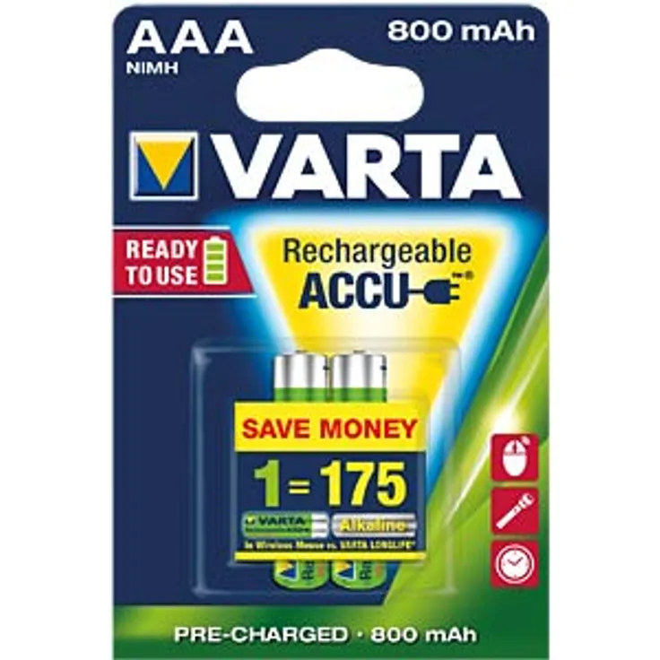 VARTA Akku, NiMH Longlife, Micro (AAA-HR03) 800 mAh, 1,2 Volt, 2 Stück