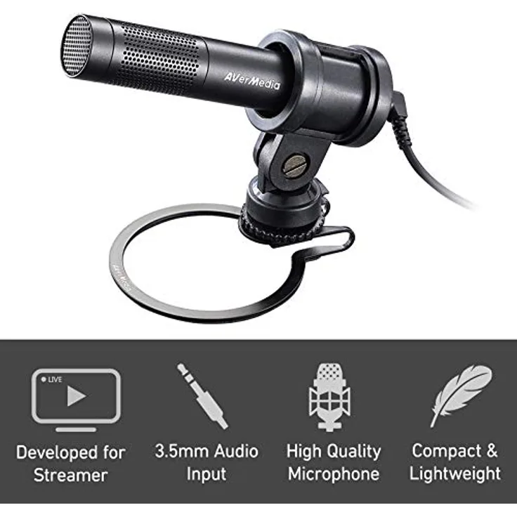 AverMedia Live-Streamer-Mikrofon, leicht, Niere, mit Metallfuß, POP-Filter, für DSLR-Kamera, mit Audio-Adapterkabel 3, 5 mm 3-poliges zu 3-poliges Adapterkabel (AM133)