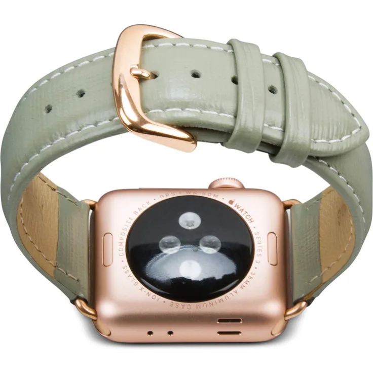 dbramante1928 Echtleder-Uhrenarmband für Apple Watch (38-40mm) - [Modell: Madrid, Saffianoleder, Handgefertigt, Farbe: olivgrün-gold] - AW38OLGR5197