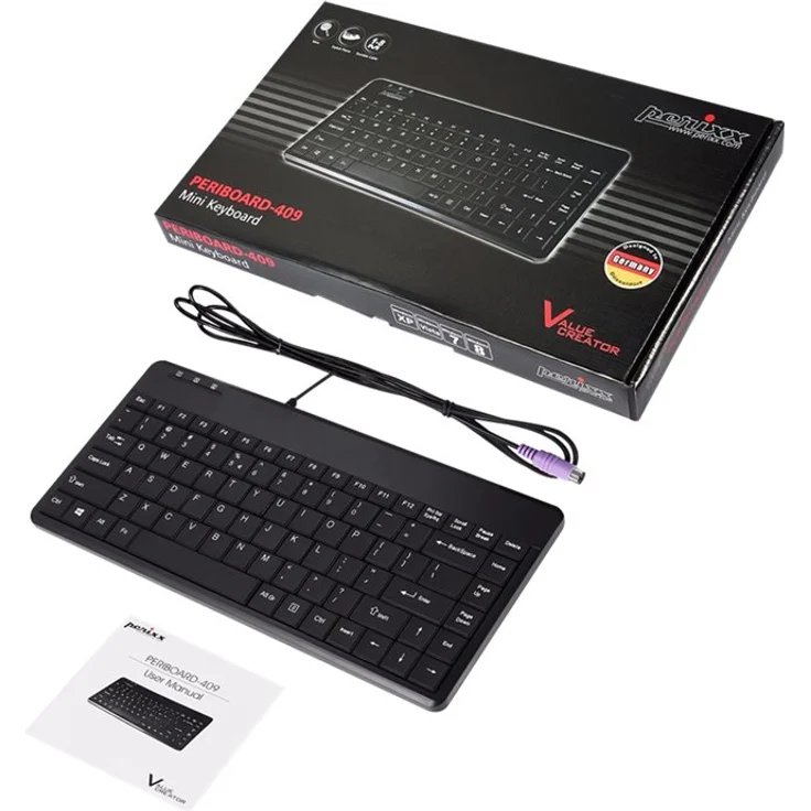 Perixx PERIBOARD-409 P, DE QWERTZ, Mini PS/2-Tastautur, 2 Hubs, schwarz (PERIBOARD-409 P) – Bild 1