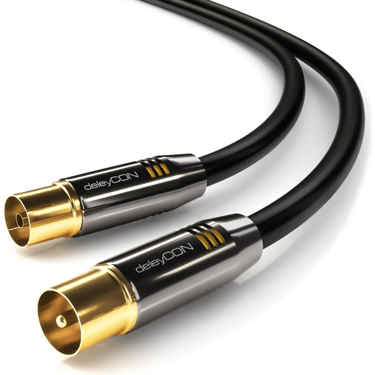 deleyCON 5m TV Antennenkabel PREMIUM HDTV Full HD - TV Kabel (Koaxialkabel) - TV-Stecker zu TV-Buchse - Schwarz - METALL vergoldet - analog/digital