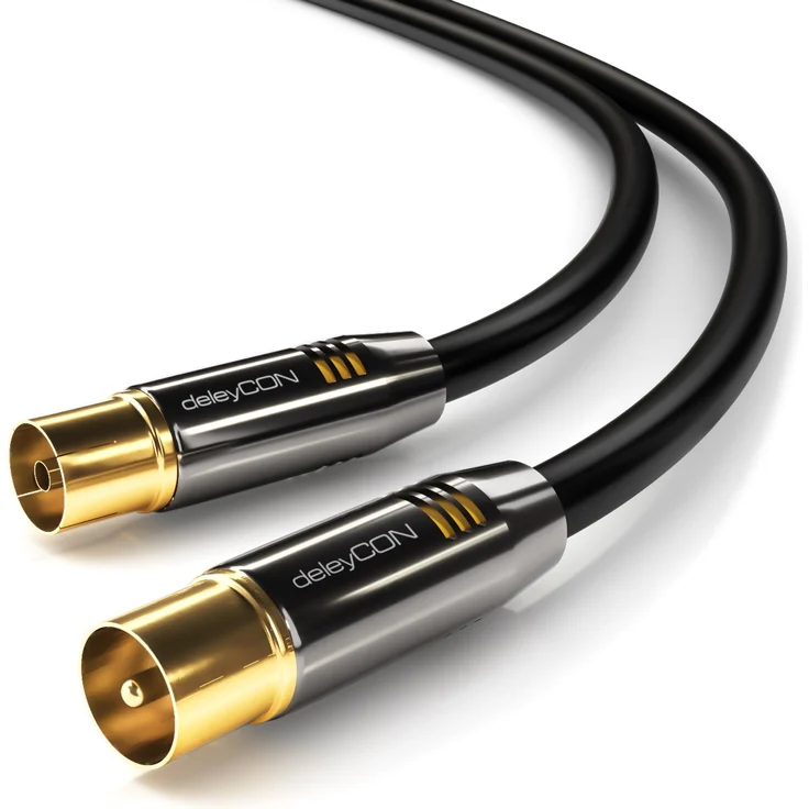 deleyCON 5m TV Antennenkabel PREMIUM HDTV Full HD - TV Kabel (Koaxialkabel) - TV-Stecker zu TV-Buchse - Schwarz - METALL vergoldet - analog/digital