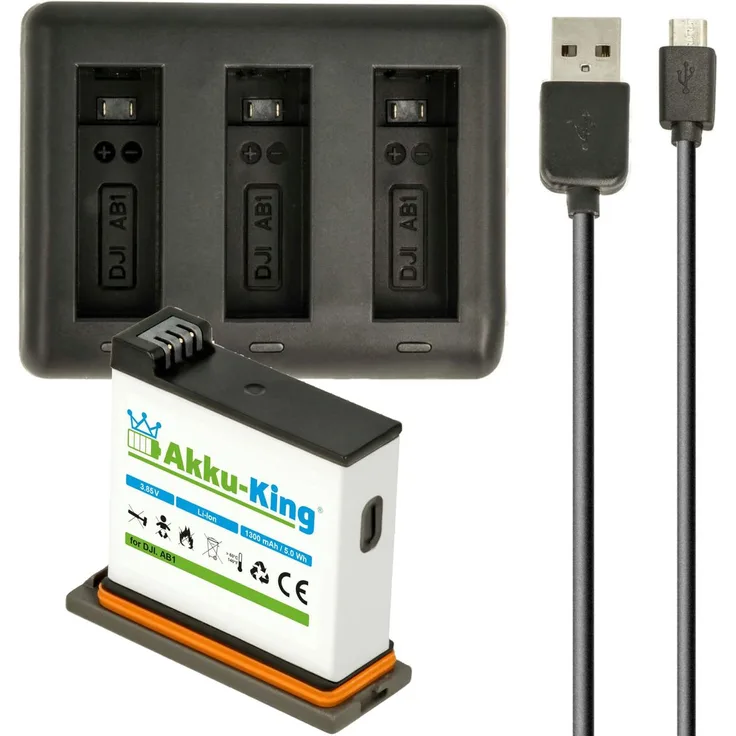 3-fach Ladestation + Akku Li-Ion 1300mAh kompatibel mit DJI AB1 P01 für DJI Osmo Action Cam Ladestation mit 1x Akku