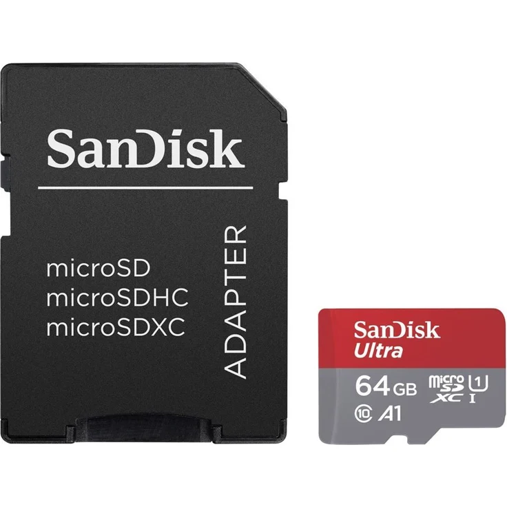 SanDisk Ultra 64GB (SDSQUAR-064G-GN6MA)microSDXC Speicherkarte + Adapter bis zu 100 MB-Sek., Class 10, U1, A1,Grau, Rot – Bild 3