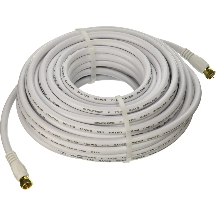 Monoprice 104061 50 FT RG6 18 AWG 75 Ohm Quad Shield CL2 Koaxialkabel mit F Type Connector – weiß