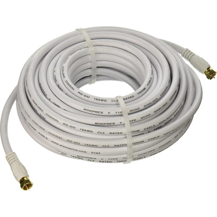 Monoprice 104061 50 FT RG6 18 AWG 75 Ohm Quad Shield CL2 Koaxialkabel mit F Type Connector – weiß – Bild 1