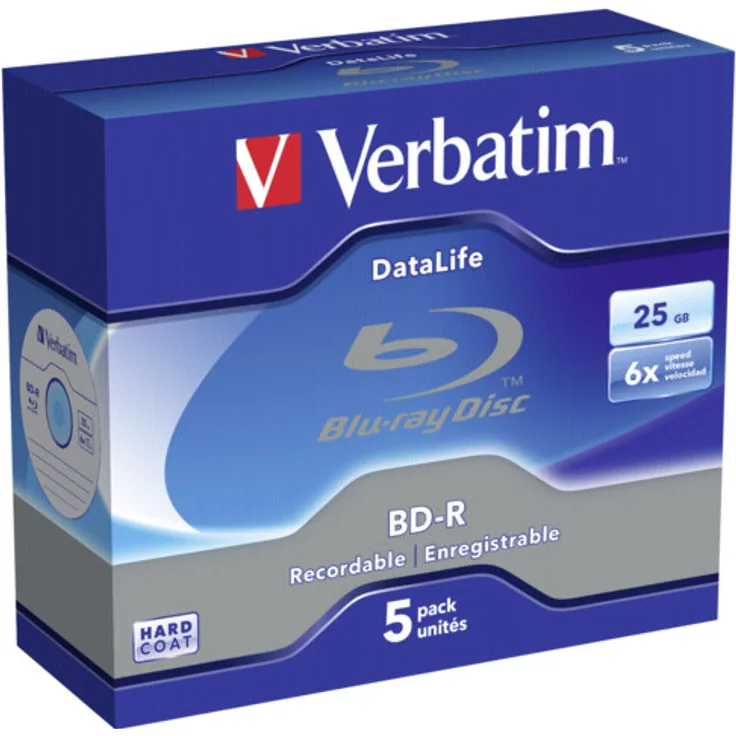 Verbatim BD-R Datalife, Blu-Ray-Disk 25 GB - 6-fache Brenngeschwindigkeit - Kratzschutz - 5 Stück Jewel Case