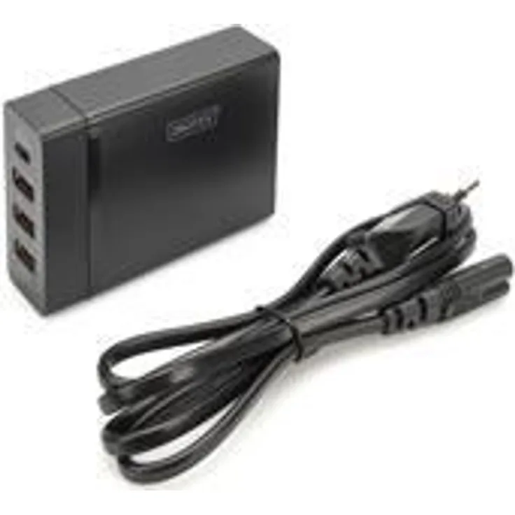 DIGITUS 4-Port Universal USB Ladegerät, Ladeadapter, 1x USB Typ-C, 3X USB A, Power Delivery 2.0, EU-Netzstecker, Sicherheits-Schutzfunktionen, Schwarz