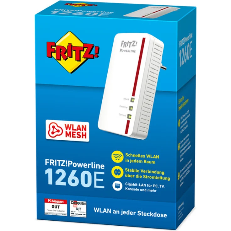 AVM Fritz Powerline 1260E Single-Adapter (1.200 MBit-s, WLAN-Access Point, ideal für Media-Streaming oder NAS-Anbindungen, deutschsprachige Version) weiß – Bild 3